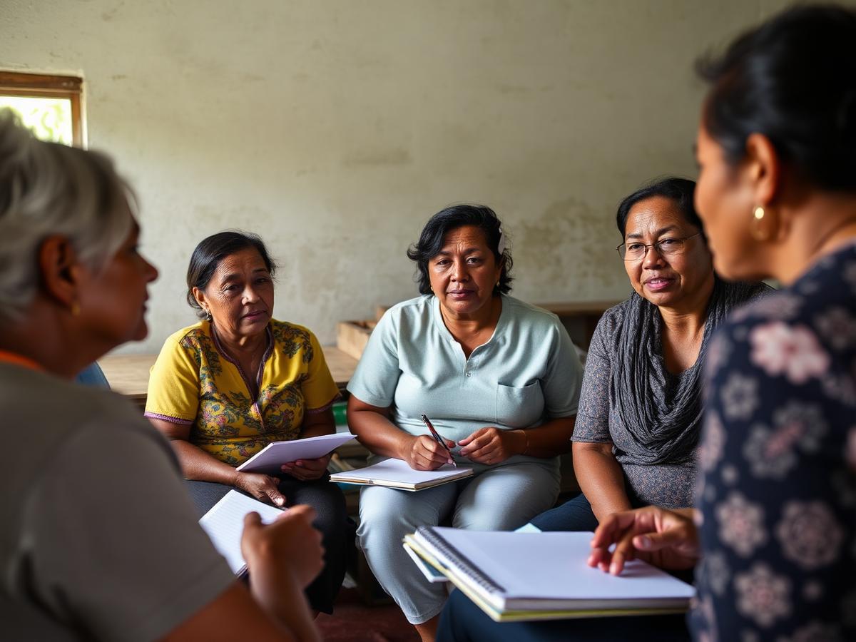 Reunião comunitária com moradoras discutindo propostas locais